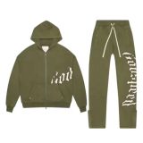 Close-up of soft fabric and detailed OG graphics on green olive hoodieClose-up of soft fabric and detailed OG graphics on green olive hoodie